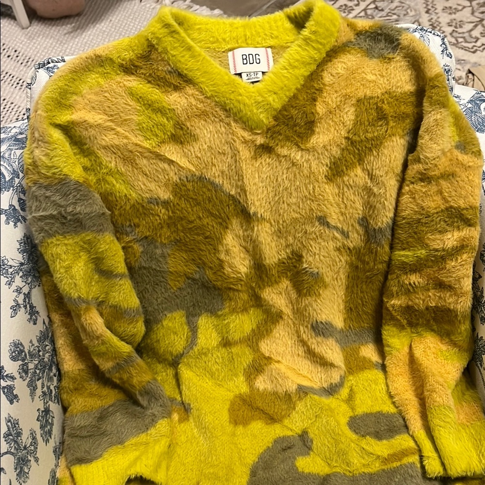 BDG Yellow Camouflage Fuzzy Sweater Urban Outfitters